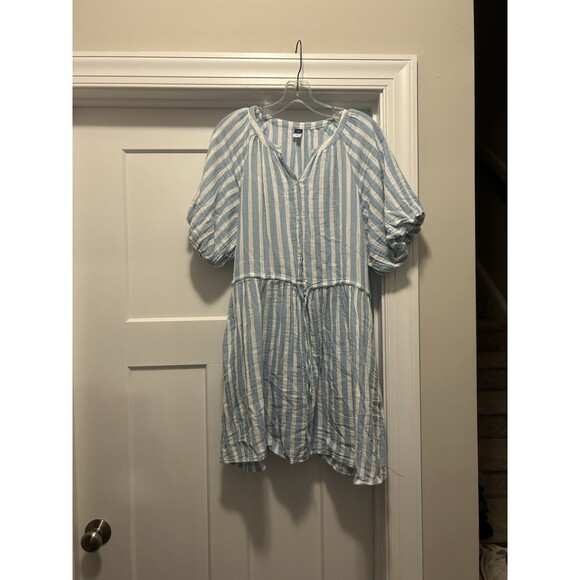 OLD NAVY Blue & White Stripe Gauze Dress Puff Sleeve Size XS Game Day Teacher - Picture 1 of 7